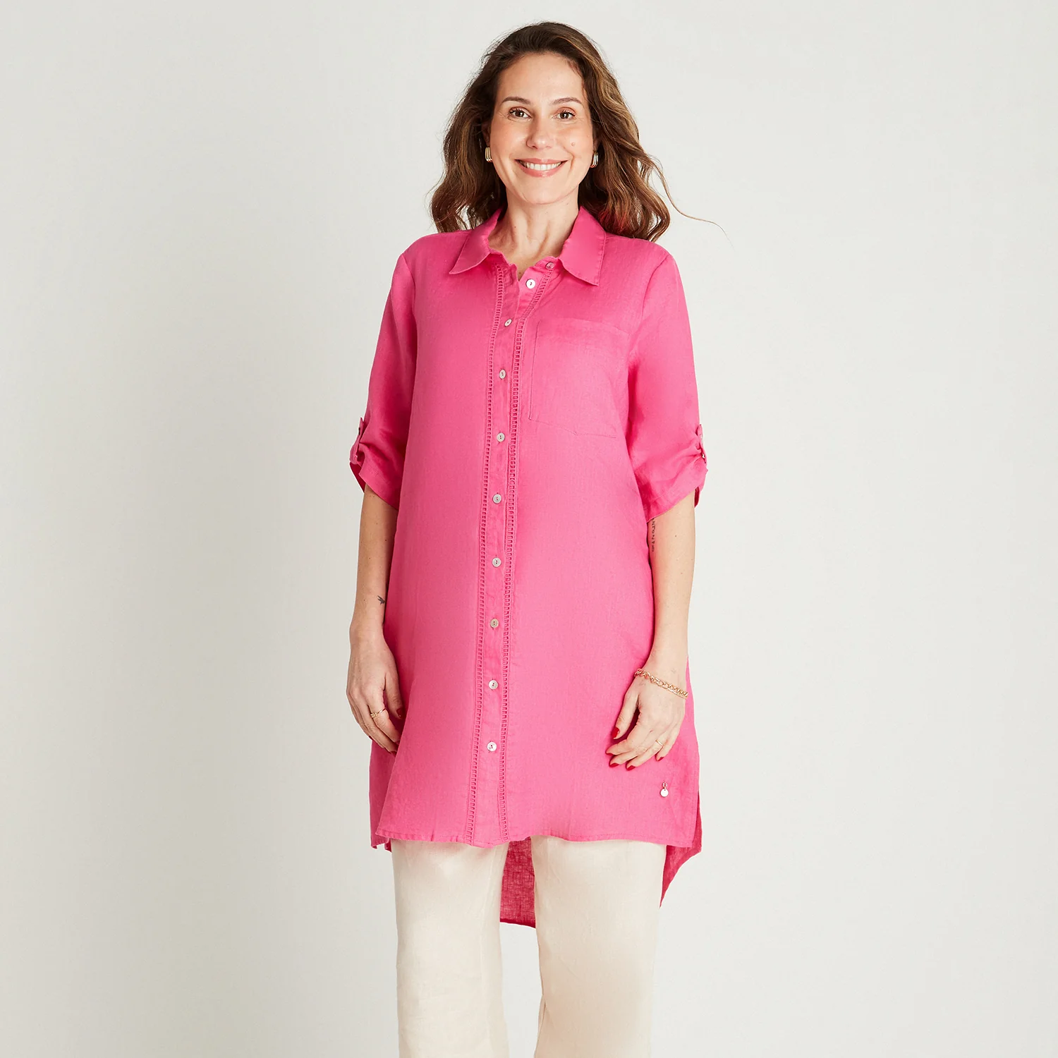 Tapado Lino Fucsia Cuello Camisero Bolsillos