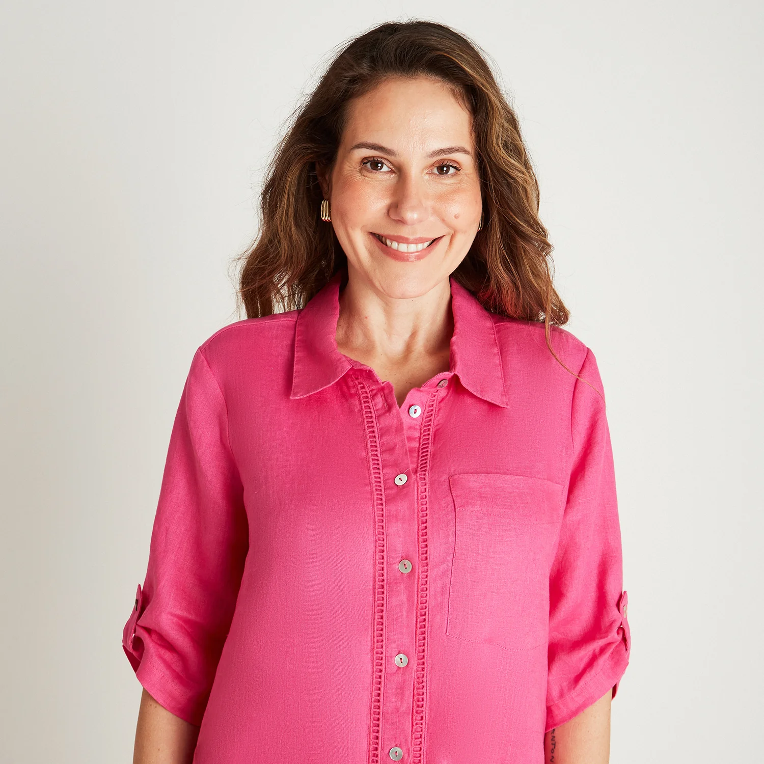 Tapado Lino Fucsia Cuello Camisero Bolsillos - Imagen 3