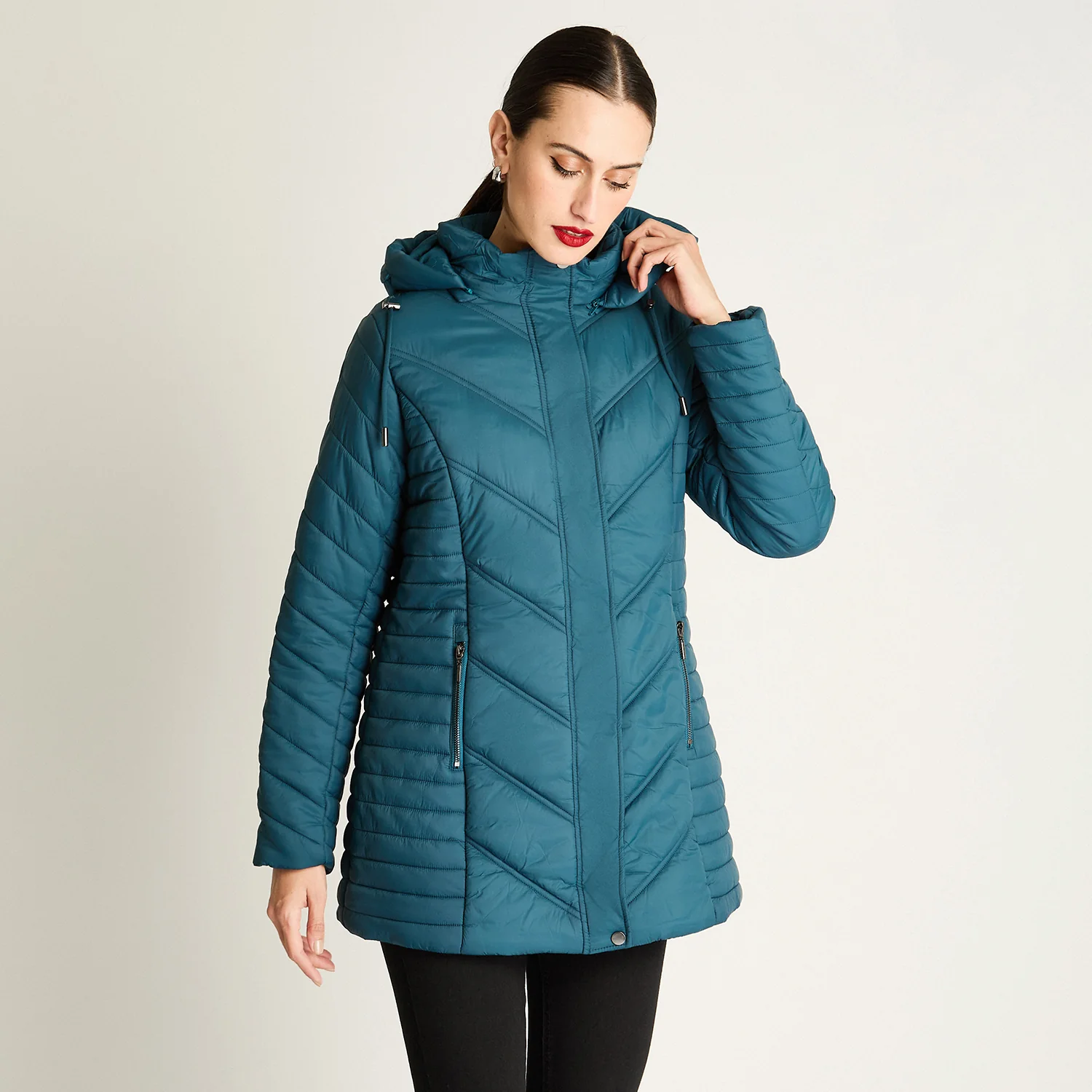 Parka Larga Con Cierre Frontal Y Gorro Petróleo A2375