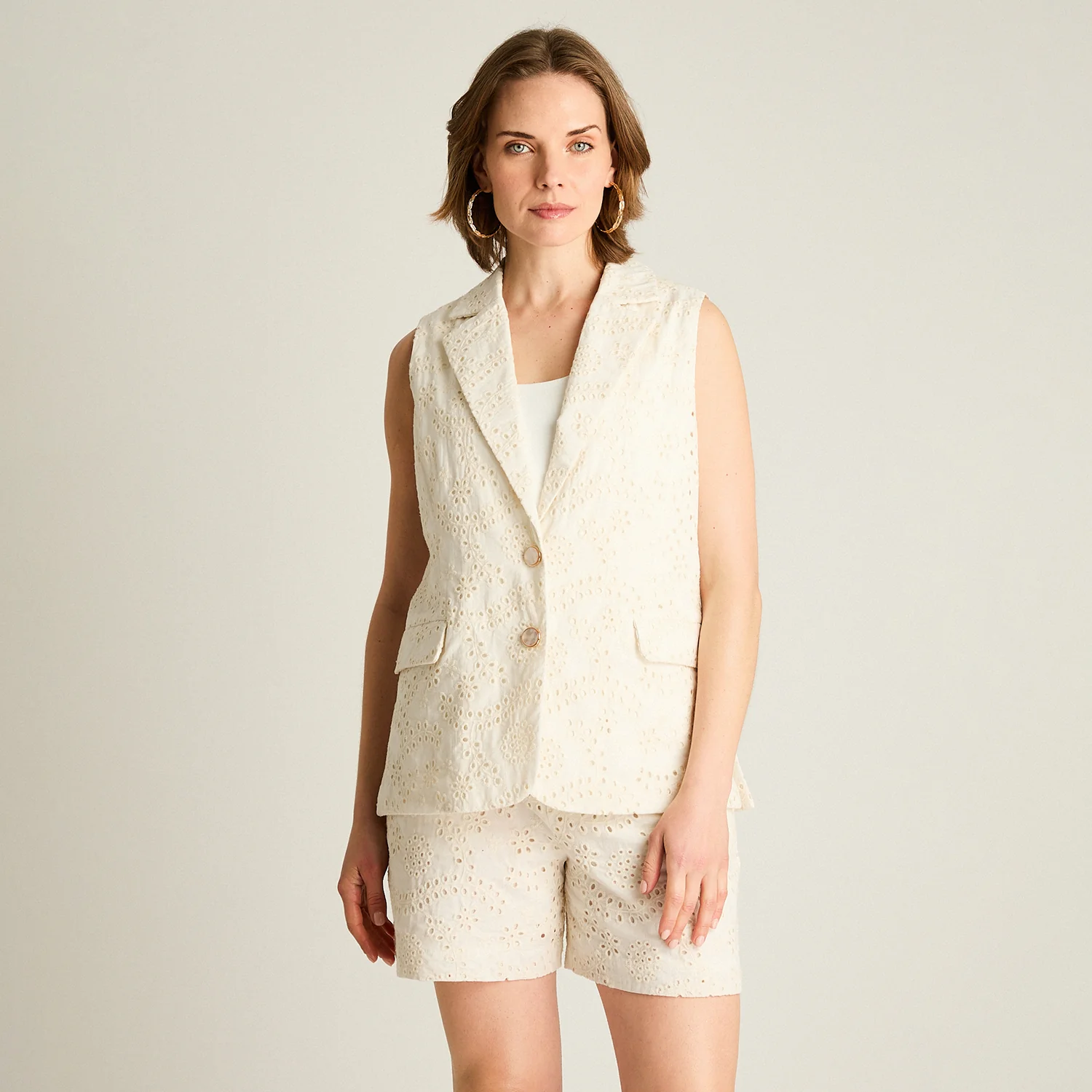 Blazer Crudo Sin Mangas con Broderie