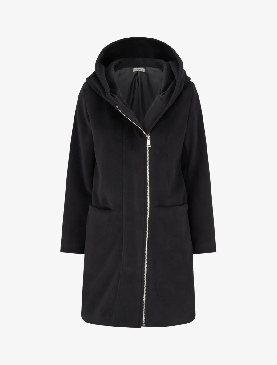 Abrigo largo con capucha de corte recto - Negro