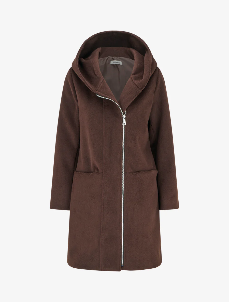 Abrigo largo con capucha de corte recto - Marrón