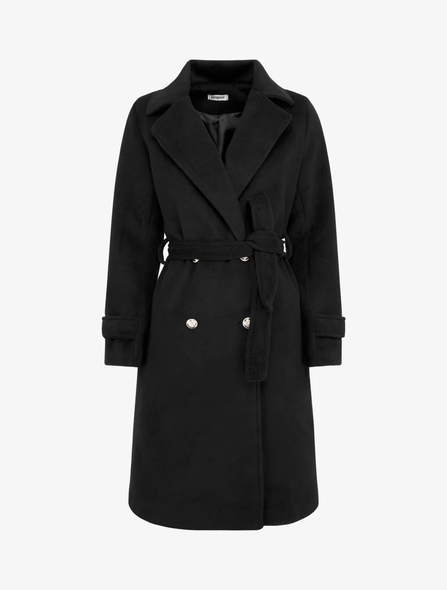Abrigo largo liso con botón decorativo - Negro