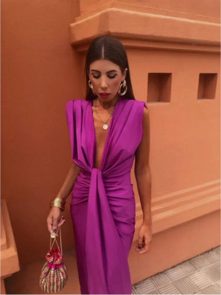 Elegante vestido midi con plisados y escote profundo para mujer – LISETTE - Imagen 2
